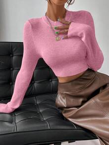 EMERY ROSE Women's Casual Chic Elegant Everyday Date Commute Minimalist Solid Color Fitted Cropped Pullover Sweater, Spring Pink - Pink - View 6
