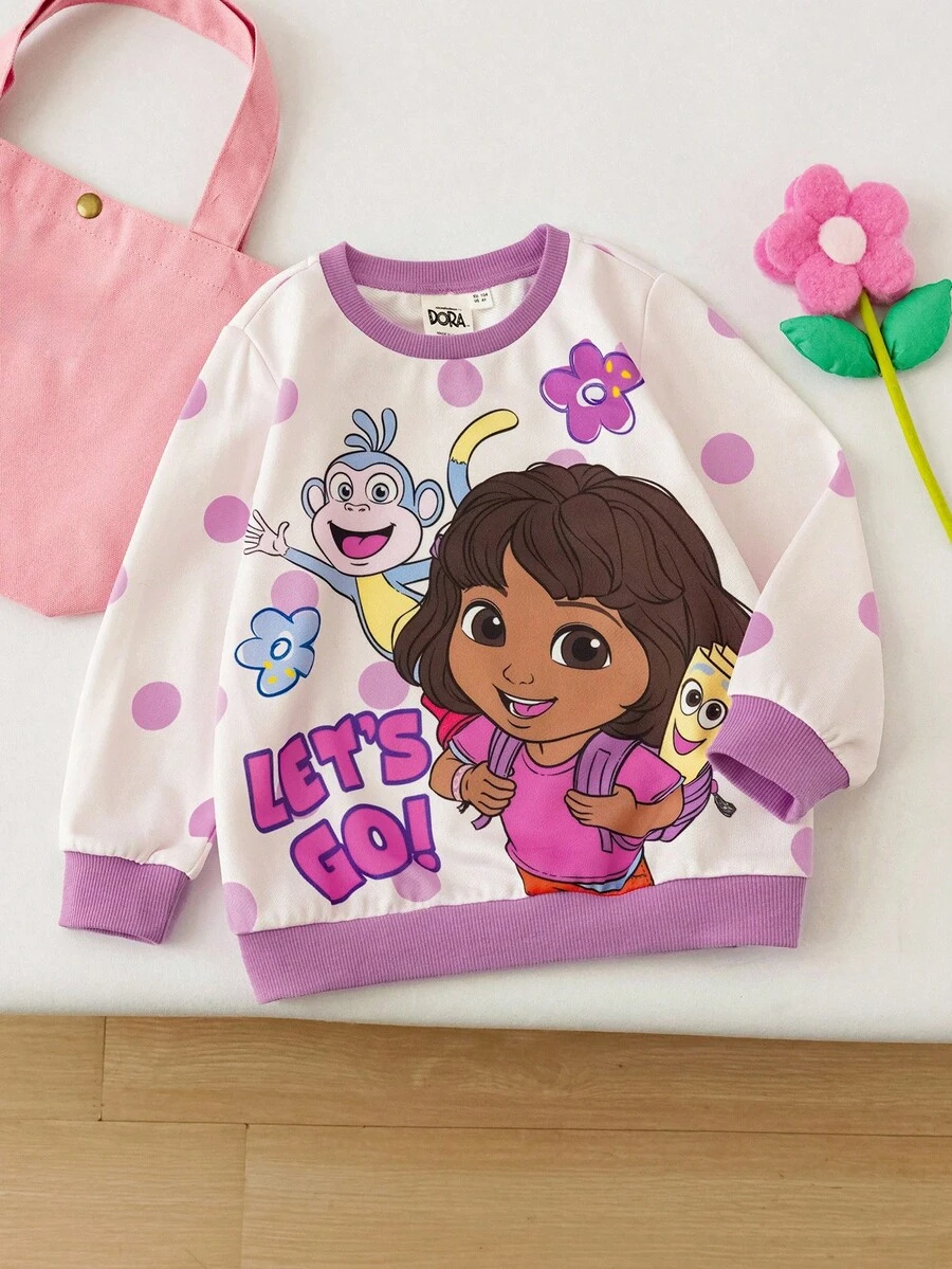 DORA | SHEIN Young Girl Cute Cartoon Figure Graphic Round Neck Drop Shoulder Long Sleeve Knit Sweatshirt - Pink - View 1