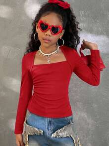 Coolane Tween Girls T-Shirt With Queen Anne Neckline For Everyday Casual Style Long Sleeve,Fall/Winter,Halloween ,Christmas,Party,Graduation ,Elegant - Red - View 4