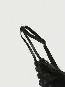 ROMWE Bộ áo ngực và quần lót không dây đính đá nhung Gothic dành cho nữ - màu đen - Xem 4