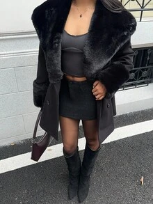 SHEIN Unity 女式高端黑色仿毛领拼接袖修身毛呢大衣，欧美时尚商务休闲 - 黑色 - 查看 1