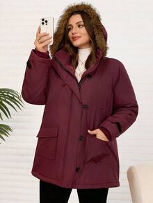 Rosumi Plus Size Women Winter Casual Solid Color Zip-Up Waterproof Casual Warm Patchwork Fur Collar Detachable Hooded Padded Coat With Pockets, Winter,Going Out Outfits, New Clothes,Simple And Fashionable For Everyday Wear, Plus Size Jacket, Winter Coat, Coats For Women Plus, ,New Year Clothes ,Hooded  Padded Coat,Wine Red Quilted Jacket, - Red Violet - View 3