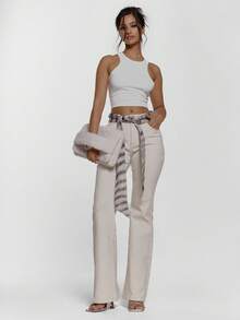 MUSERA Fitted Flare Denim Jeans With Cross Over Animal Print Tie Belt Sexy Going Out Autumn Fall Night Out Winter Cute Streetwear Feraux  Chic - Khaki - View 1