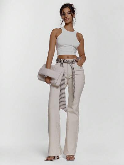 MUSERA Snittbyxor med utsvängda jeans med korsande djurtryck, knytbälte, sexigt, utekväll, höst, vinter, söt, streetwear, feraux chic