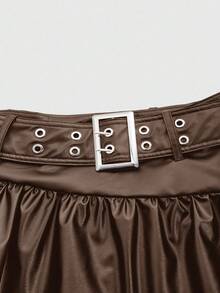 ROMWE PUNK Women's Fashion Plaid Patchwork Asymmetrical Skirt - Coffee Brown - View 3