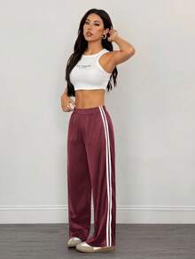 SHEIN PETITE 休闲黑色侧条纹长裤简约时尚日常休闲 - 酒紅色 - 查看 5