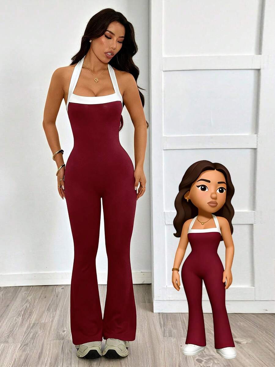 SHEIN PETITE Women Plain Color Patchwork Simple Fitted Jumpsuit, Casual Daily Wear - Burgundy - View 1