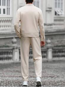 Manfinity CasualCool 男士纯色长袖单排扣休闲夹克和裤子套装，秋冬 - 杏色 - 查看 2