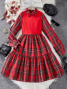 Tween Girls Loose A-Line Plaid Collar Dress, Suitable For Holiday Outfits Fall Winter - Red - View 4