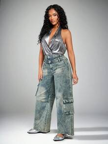 Radiana Jeans de mujer estilo cargo, rapero, lavados y con efecto desgastado - Neblina azul - Ver 3