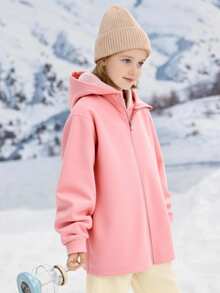 SHEIN Explorewe Tween Girls' Long Sleeve Hooded Zip-Up Cardigan, Mid-Length Snug Fit Design, Polar Thermal Lined, Cute Pink Color, Suitable For Daily, Casual, Outdoor, Commuting, Detailed Craftsmanship, Christmas, Halloween, Autumn/Winter New Arrival - Pink - View 3