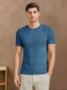 HIMLAND Men Summer Solid Color Round Neck Short Sleeve Casual T-Shirt - Blue - View 4