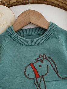 SHEIN 2pcs Baby Boy/Girl Cute Jacquard Cartoon Animal Pattern Knitted Soft Crew Neck Long Sleeve Sweater And Pants Set, Autumn/Winter - Mint Green - View 4