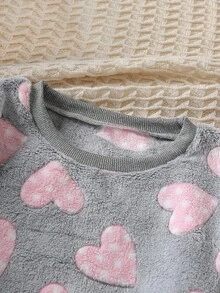 少女心形图案圆领长袖上衣和松紧腰裤睡衣套装 - 彩色 - 查看 7