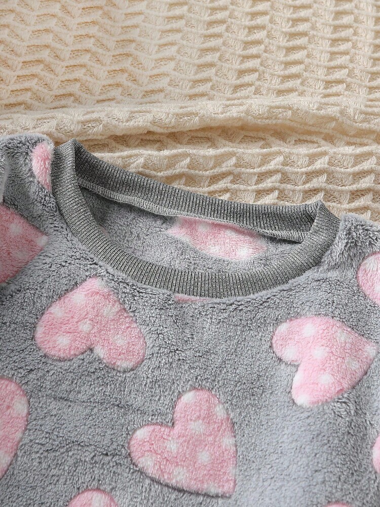 Teen Girl Heart Pattern Crew Neck Long Sleeve Top And Elastic Waist Pants Pajama Set - Multicolor - View 7