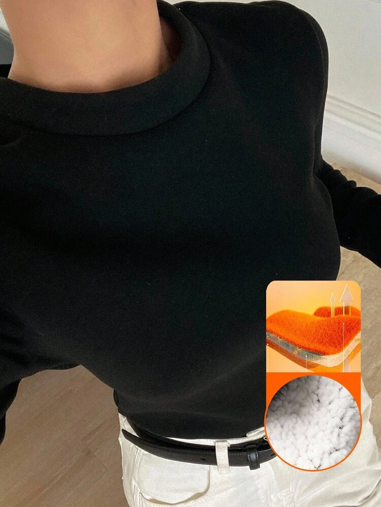 Women's Solid Color Stand Collar Long Sleeve Casual Versatile T-Shirt Thermal Lined,Winter