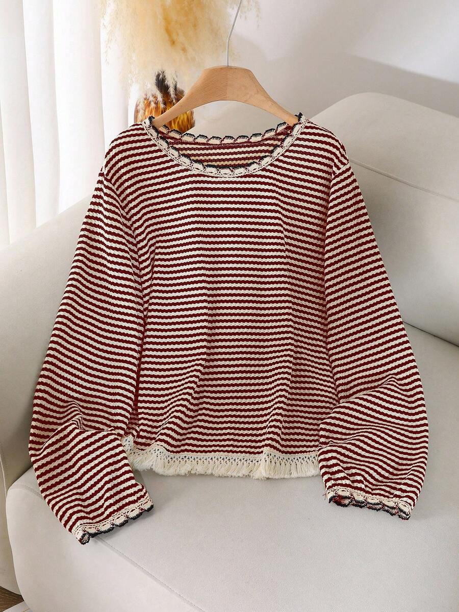 SHEIN CURVE+ Plus Size Women Crew Neck Striped T-Shirt With Tassel Hem Design, Casual All-Match Versatile Tee - Burgundy - View 1