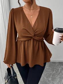 Firerie Plus Size Casual Twist Hem Long Sleeve Shirt, Green/Fall/Winter