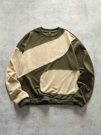 Street Life Men Contrast Color Patchwork Crew Neck Sweatshirt, Loose Fit, Fall