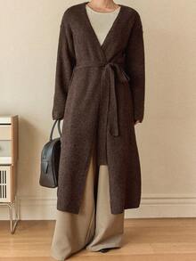 Dazy-Less Áo khoác cardigan dài dáng rộng, đơn giản, màu trơn, vai rớt, có thắt lưng dành cho nữ, thích hợp mặc hàng ngày đi làm, mùa thu/đông, phong cách công sở. - màu nâu - Xem 6