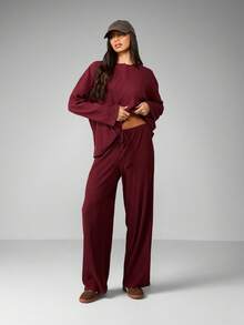 MISSGUIDED 罗纹针织纽扣细节家居服阔腿裤套装舒适秋冬家居服长袖 - 鏽棕色 - 查看 4