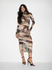 KIZN Vestido midi de manga larga con malla y estampado abstracto de acuarela para fiesta, club, otoño e invierno - Multicolor - Ver 1