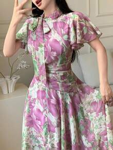 Modelyn 女式荷叶边领口系带泡泡袖喇叭下摆连衣裙 - 彩色 - 查看 5