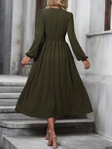 SHEIN Clasi Swiss Dot Surplice Neck Lantern Sleeve Ruched Waist Dress Maxi Women Outfit - Army Green - View 2
