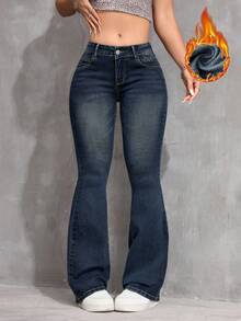 SHEIN PETITE Women's Casual Washed Low Waist Slim Fit Flare Leg Jeans - Dark Wash - View 5