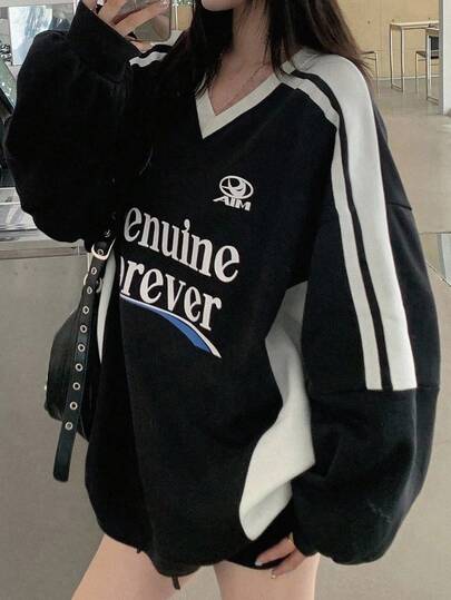 DAZY 女式 V 领撞色拼接长袖印花运动衫，带保暖内衬，秋冬款