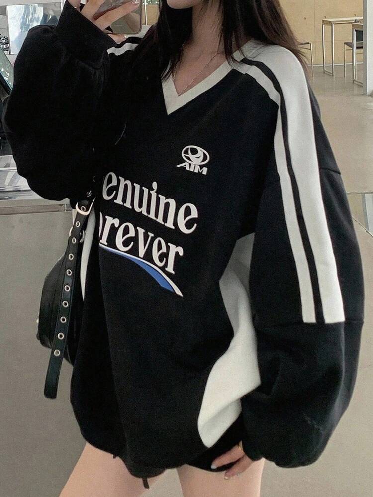 Women's V-Neck Contrast Color Patchwork Long Sleeve Printed Sweatshirt With Thermal Lined Fall,Winter