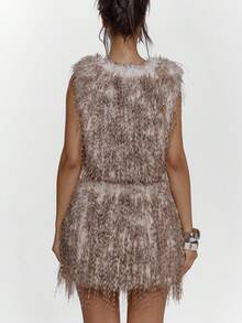 MUSERA Cropped Fluffy Faux Fur Belted Plunge V Front Top Sexy Going Out Night Out Winter Cute Streetwear - Multicolor - View 3