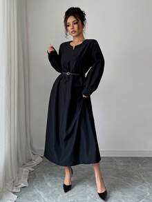 Elenzga Elegant Solid Color Long Sleeve Women Midi Dresses - Black - View 4