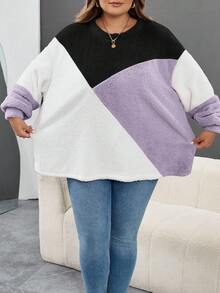 SHEIN CURVE+ 秋冬大码撞色落肩毛绒不对称上衣 - 彩色 - 查看 3
