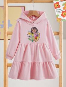 DORA | SHEIN Young Girl Cute Minimalist Cartoon Dora Graphic Print Hooded Long Sleeve Loose Pink Dress - Pink - View 1