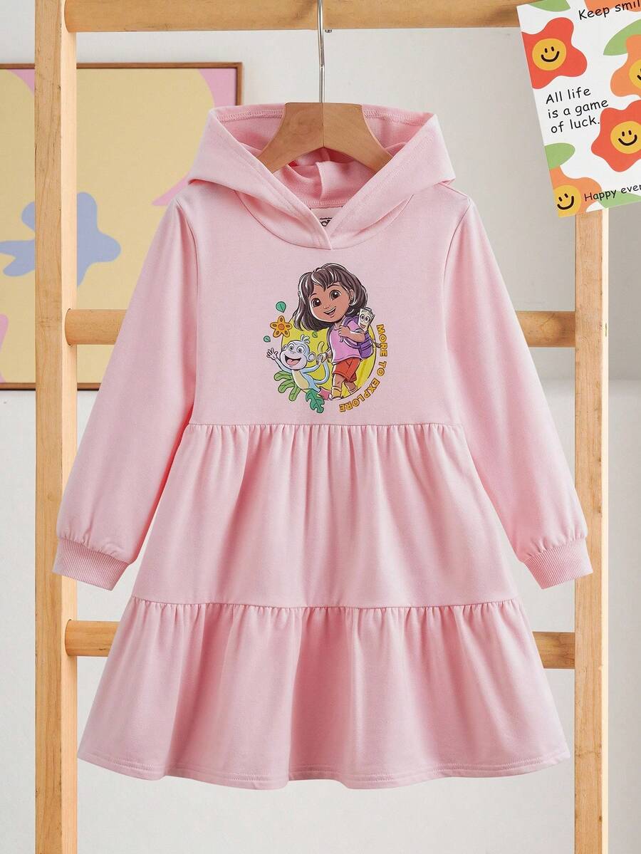 DORA | SHEIN Young Girl Cute Minimalist Cartoon Dora Graphic Print Hooded Long Sleeve Loose Pink Dress - Pink - View 1