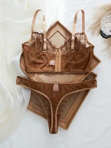SHEIN 2pcs Plus Size Women Black Embroidery Lingerie Set, Hollow Out Sheer Thin Long Boned Underwear Set Transparent Lingerie Boobless Lingerie Set Hollow Out Lingerie Brown Lingerie Brown Lace Bra - Coffee Brown - View 2