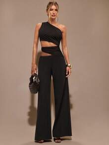 SHEIN BAE Bộ đồ liền thân ống rộng cắt xẻ bất đối xứng dành cho nữ, trang phục thanh lịch khi đi chơi hàng ngày, hẹn hò, tiệc tùng, thu/đông - màu đen - Xem 1