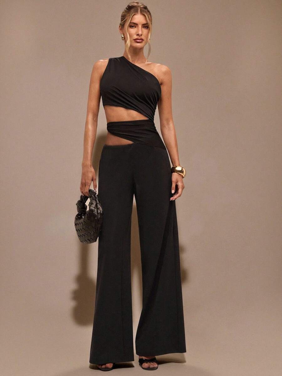 SHEIN BAE Bộ đồ liền thân ống rộng cắt xẻ bất đối xứng dành cho nữ, trang phục thanh lịch khi đi chơi hàng ngày, hẹn hò, tiệc tùng, thu/đông - màu đen - Xem 1