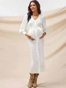 Boho Mama Váy bầu ren bó màu trơn thanh lịch - trắng - Xem 9