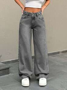EURMUSE Low Waist Button Detailed Snow Wash Straight Cut Jean - Grey - View 9