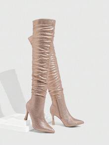 CUCCOO SZL Champagne Rhinestone Embellished Pointed Toe Stiletto Heel Thigh High Boots, Sexy & Glamorous For Performance, Party, Nightclub For Christmas - Champagne - View 4