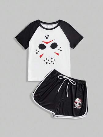 Friday the 13th X ROMWE Set pigiama da donna con top a maniche raglan e pantaloncini con stampa di film orrore