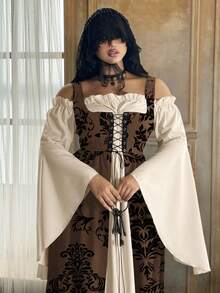 Lyrianda 大码女式露肩长袖喇叭袖荷叶边袖优雅复古花卉波尔卡圆点印花复古可爱派对休闲节日拼色连衣裙 - 咖啡棕 - 查看 4