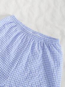 2 件女童海军蓝罗纹面料印花蝴蝶结上衣，搭配海军蓝和白色格子宽松裤，可爱休闲睡衣套装 - 彩色 - 查看 5