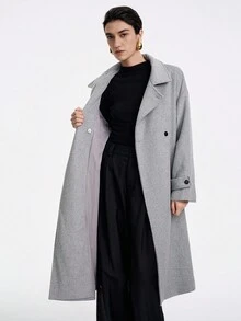 SHEIN LUNE 女士优雅简约高端正式办公室通勤商务休闲度假舒适家居羊毛混纺高领双排扣宽松直筒口袋装饰落肩长袖中长款羊毛大衣，浅灰色 - 灰色 - 查看 8