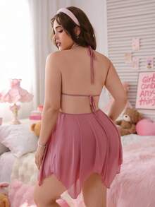 PetitDoll 加大码性感女式不对称蝴蝶睡袍，透明系带吊带背心裙，迷人睡衣 - 藕粉色 - 查看 2