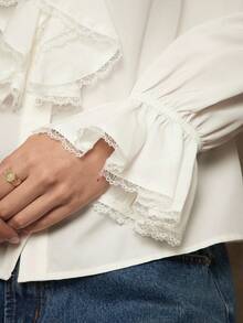 Freevana Plus Size Elegant Solid Color Ruffle Hem Long Sleeve Blouse, Suitable For Commuting, Autumn - White - View 6