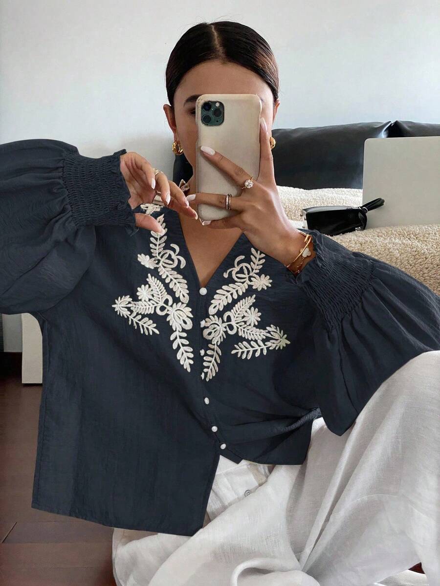 Serisse Women's Casual White Embroidered Button-Up Shirt, Vacation Style Winter Flower Spring Holiday Resort - Dark Wash - View 1