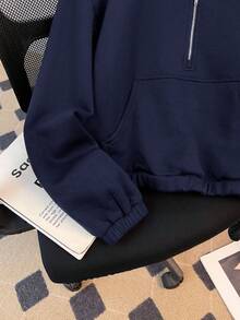SHEIN 少女海军蓝落肩拉链半开襟短款运动衫 - 藏蓝色 - 查看 3